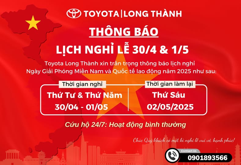 TOYOTA LONG THÀNH THÔNG BÁO NGHỈ LỄ 30/4 & 1/5