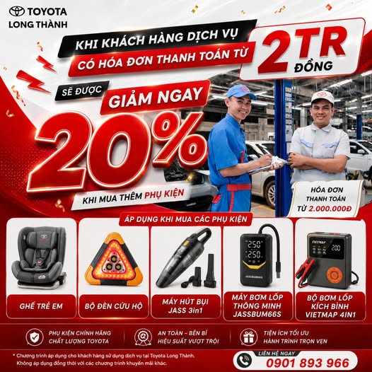 🎉 BẢO DƯỠNG XE – NHẬN NGAY ƯU ĐÃI PHỤ KIỆN HẤP DẪN TẠI TOYOTA LONG THÀNH 🎁